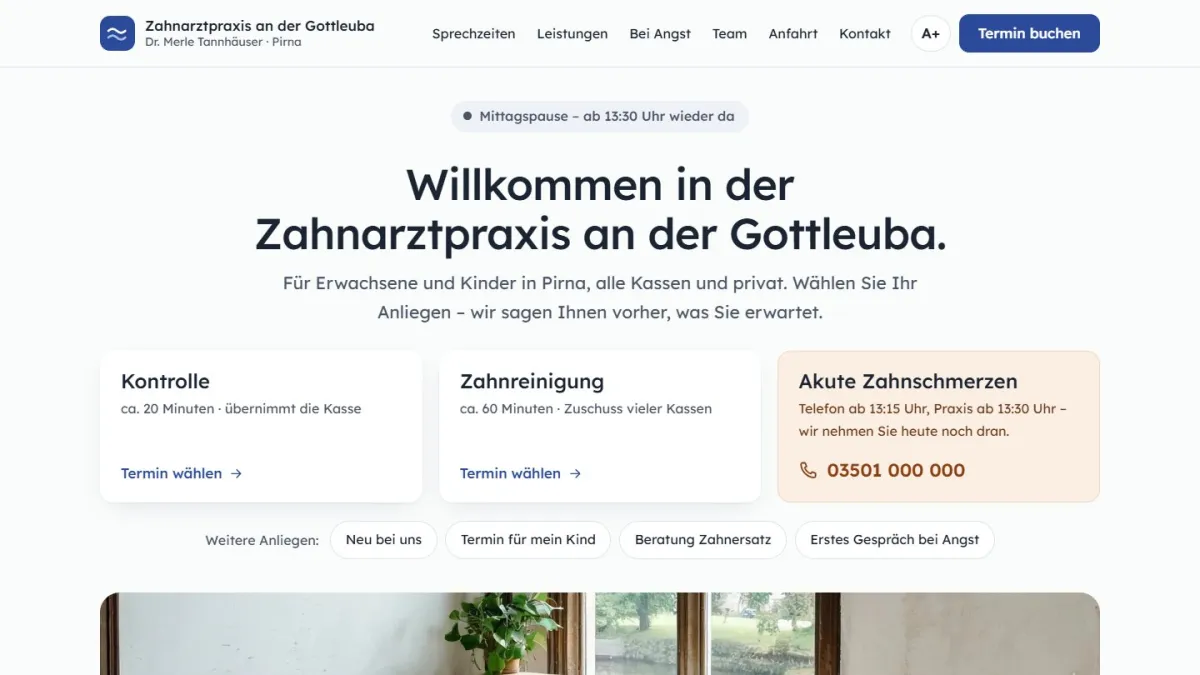 Startseite des Beispielentwurfs Zahnarztpraxis an der Gottleuba