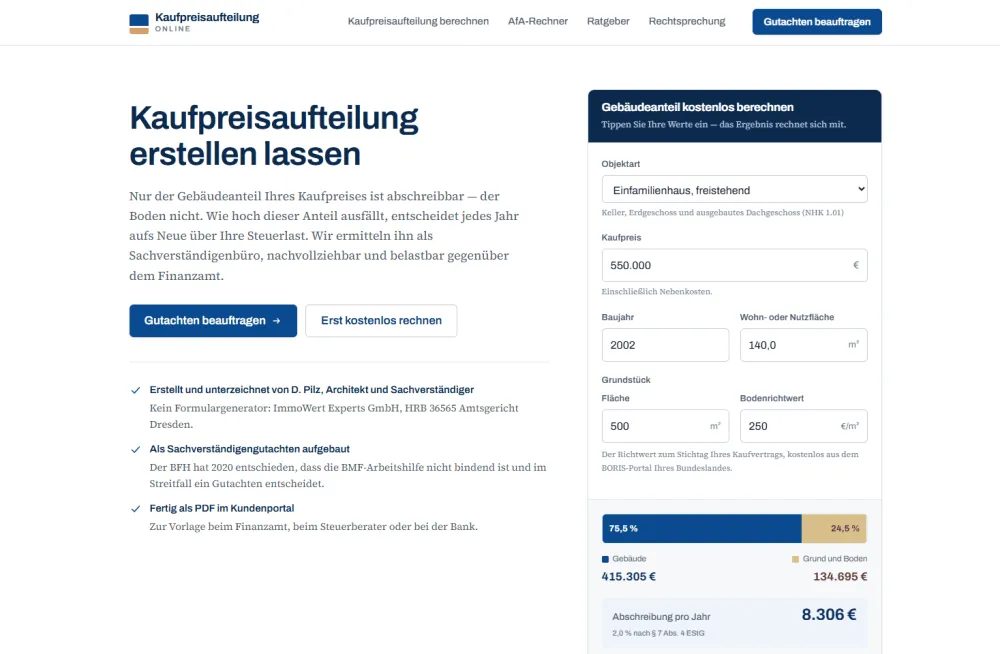 Startseite der Website von Kaufpreisaufteilung Online