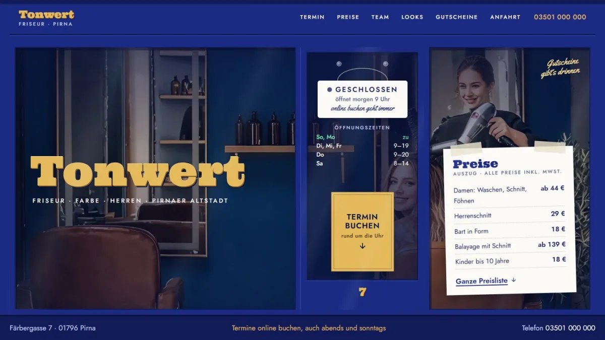 Startseite des Beispielentwurfs Salon Tonwert