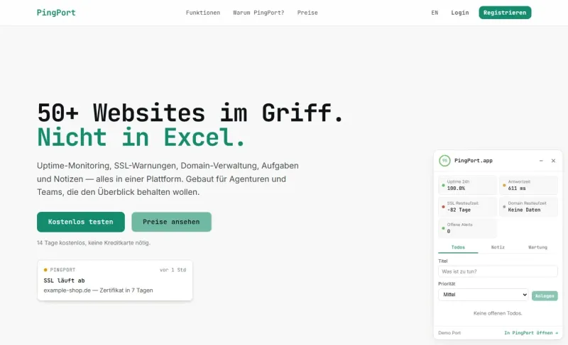 Screenshot der Website von PingPort.app