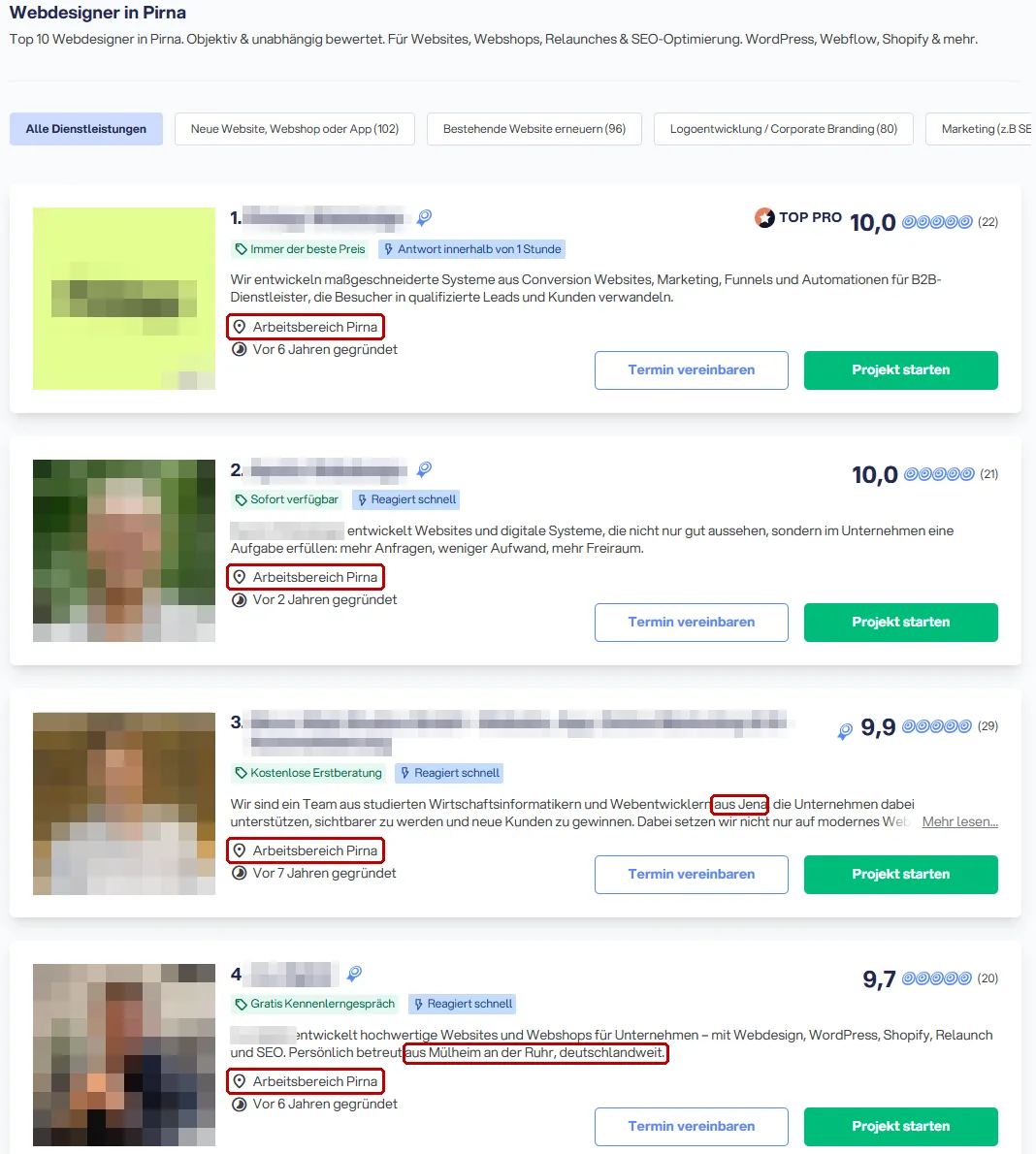 Ausschnitt der Trustlocal-Seite Top 10 Webdesigner in Pirna: Plätze 1 bis 4, jeweils mit dem Hinweis Arbeitsbereich Pirna; in den Beschreibungen steht aus Jena und aus Mülheim an der Ruhr, deutschlandweit