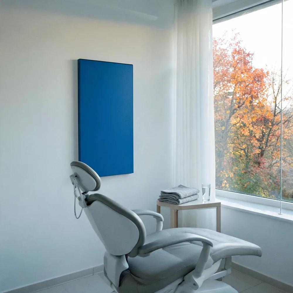 Behandlungszimmer mit grauem Behandlungsstuhl vor einem großen Fenster, draußen Herbstbäume; auf einem Beistelltisch eine gefaltete Decke und ein Glas Wasser.
