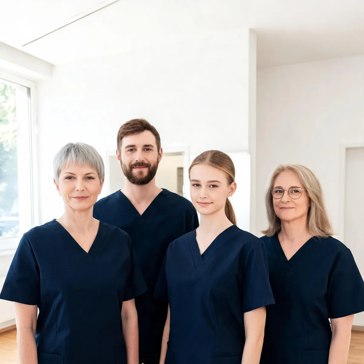 Das Praxisteam in dunkelblauer Praxiskleidung im hellen Flur der Praxis, von links: Dr. Merle Tannhäuser, Konrad Elsner, Anouk Seidel, Birte Lohse.