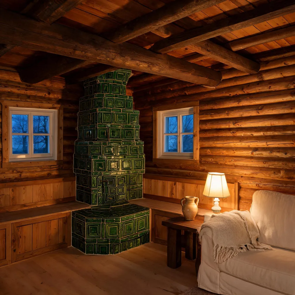 Wohnstube mit Wänden aus Holzbohlen, grüner Kachelofen mit Ofenbank, Sofa mit Wolldecke und Tischlampe am Abend.