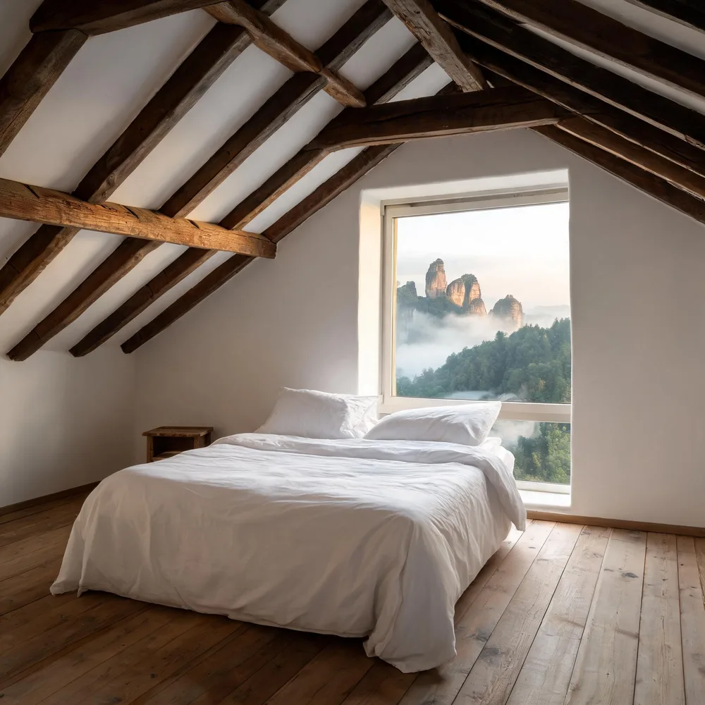 Schlafzimmer unter dem Dach mit alten Holzsparren, weißes Doppelbett, großes Fenster mit Blick auf Felstürme im Morgennebel.