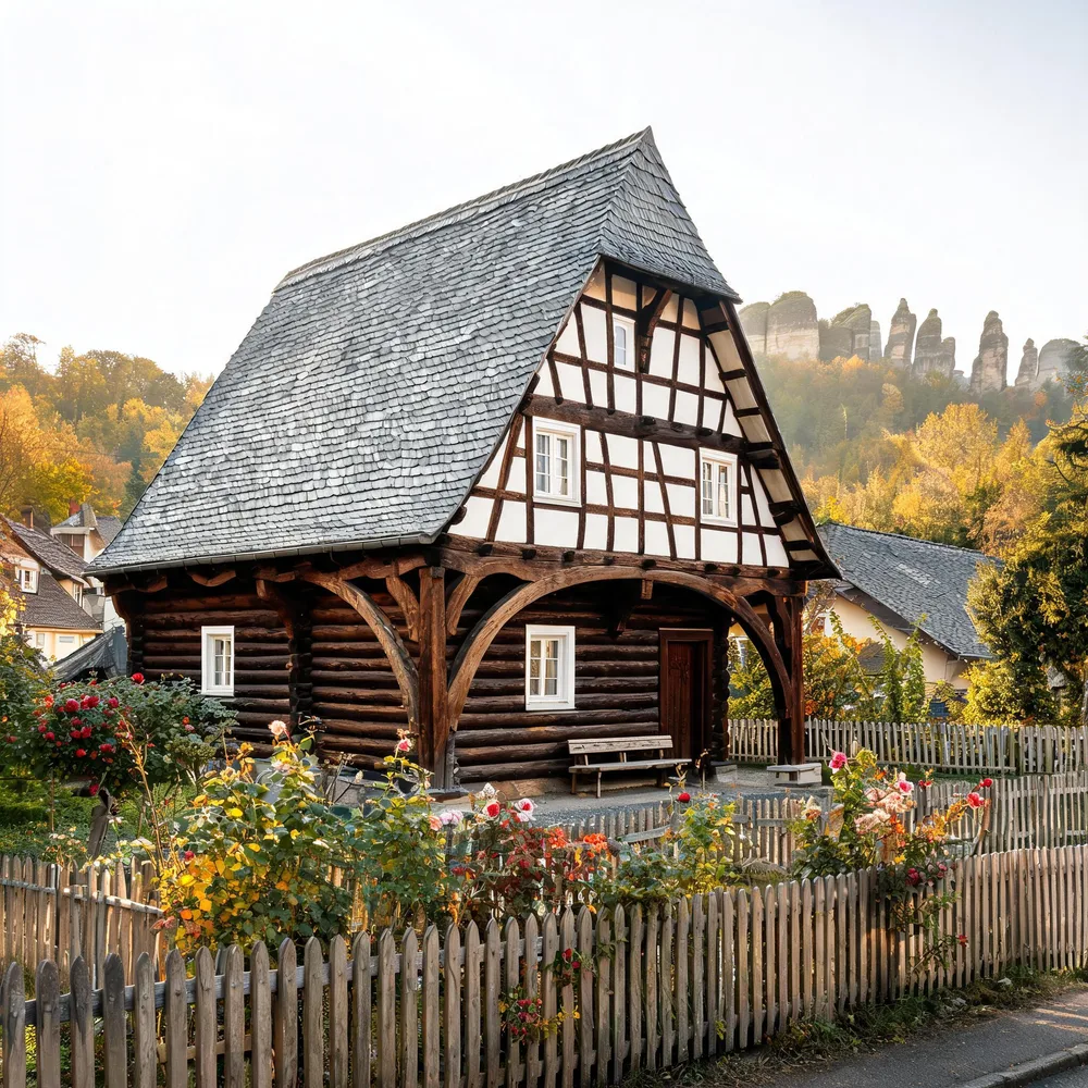 Das Umgebindehaus Rosengrund: unten dunkle Holzbohlen mit geschwungenem Stützgerüst, oben weißes Fachwerk, Schieferdach, davor Rosengarten und Staketenzaun, dahinter Sandsteinfelsen im Dunst.