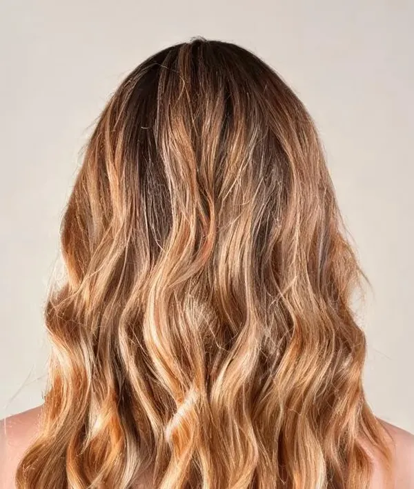 Lange, gewellte Haare von hinten mit weichem Karamell-Balayage vom dunklen Ansatz bis in helle Spitzen.