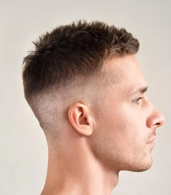 Herrenschnitt im Profil: kurzes, strukturiertes Deckhaar mit sauberem Skin Fade an den Seiten.