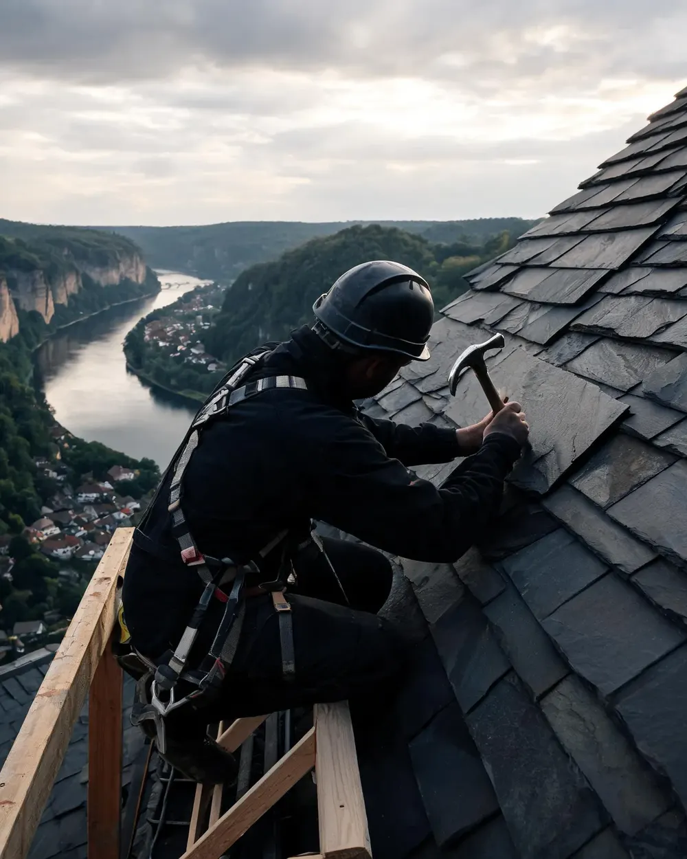 Ein Dachdecker mit Helm und Sicherungsgeschirr richtet auf einem steilen Schieferdach einen Stein, unten das Elbtal mit Sandsteinfelsen.