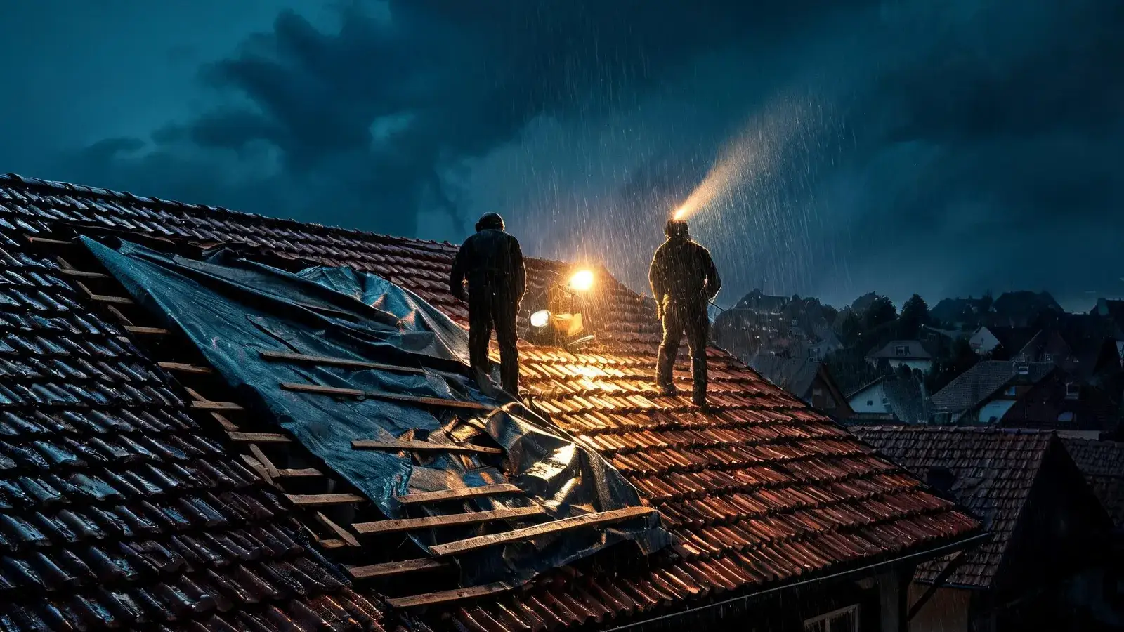 Sturmnacht: Zwei Dachdecker sichern bei Regen im Licht einer Arbeitslampe eine Plane über einem abgedeckten Ziegeldach.