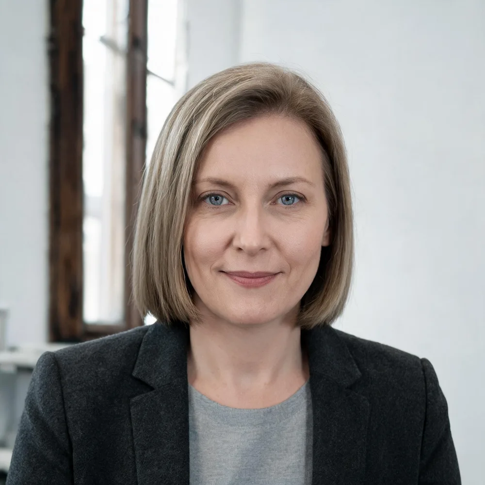 Porträt von Rechtsanwältin Friederike Haberkorn im hellen Kanzleiraum, dunkler Blazer, ruhiger Blick in die Kamera