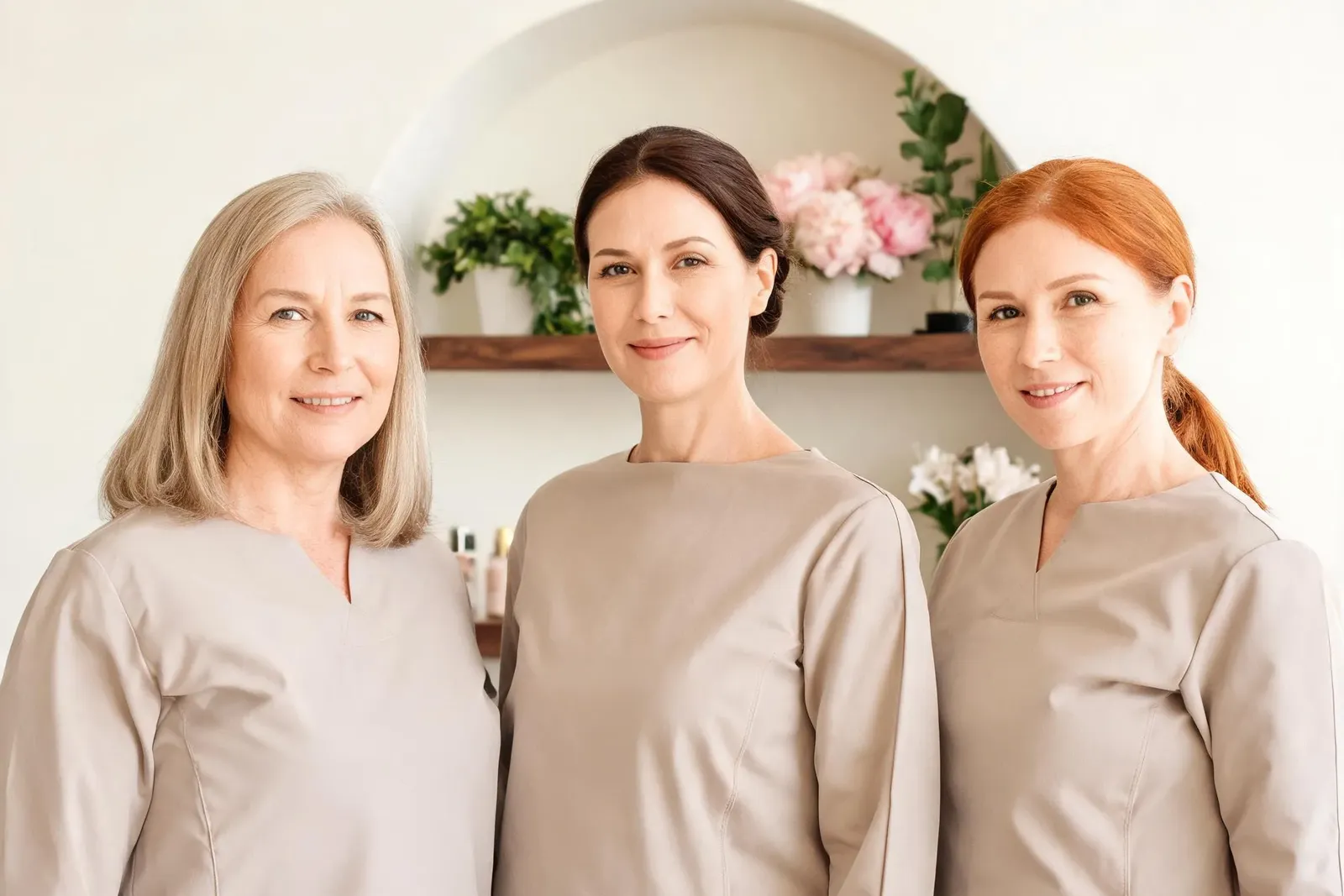 Die drei Kosmetikerinnen Katja, Anne und Lea in beigefarbener Arbeitskleidung vor einer Wandnische mit Pflanzen und Rosen.