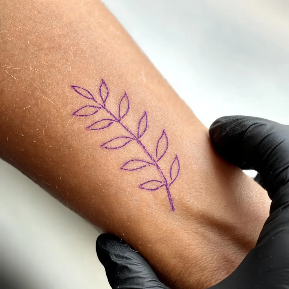 Violette Umdruck-Linien eines Blätterzweigs auf einem Unterarm, eine Hand im schwarzen Handschuh hält das Handgelenk.