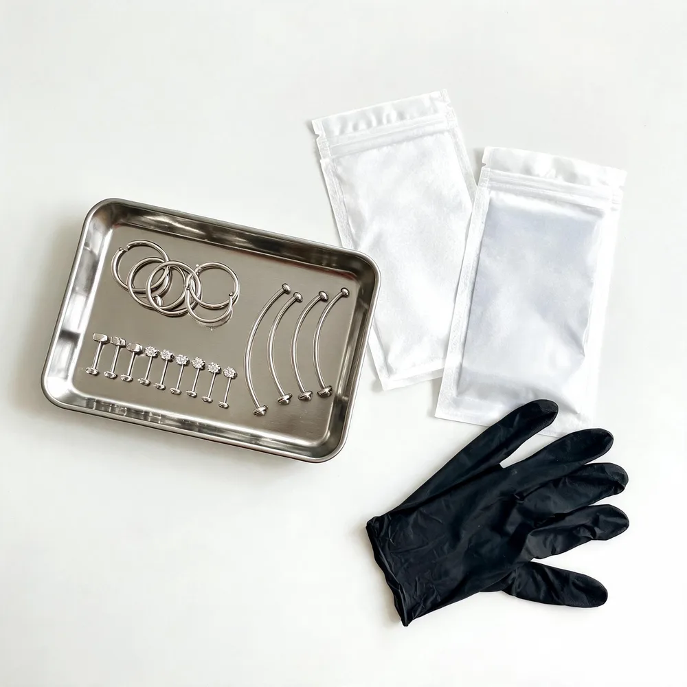 Edelstahlschale mit Ringen, Steckern und gebogenen Stäben aus Titan, daneben sterile Beutel und schwarze Handschuhe.