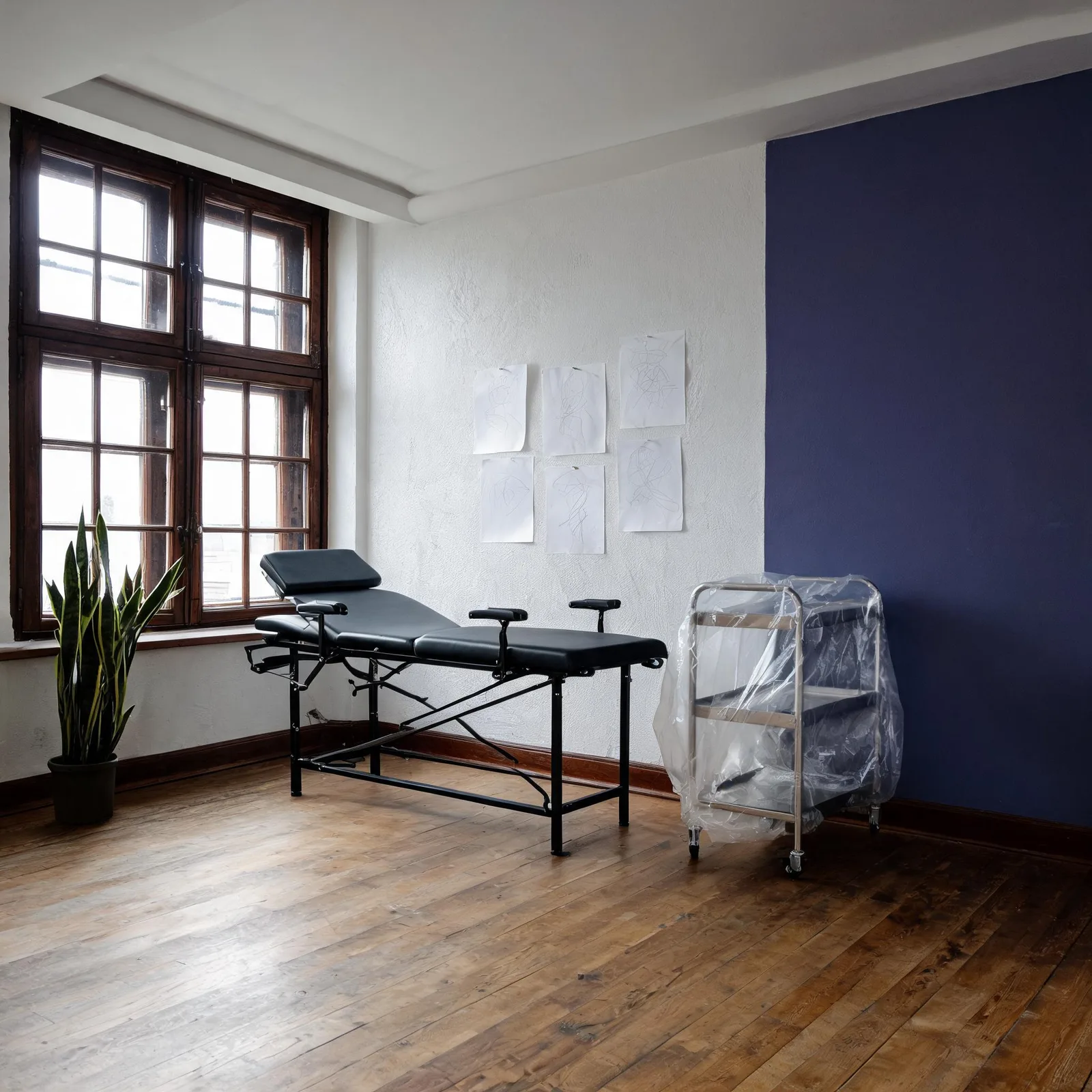 Heller Arbeitsraum im Altbau mit Sprossenfenster, schwarzer Tätowierliege, foliertem Beistellwagen und einer violett gestrichenen Wand.