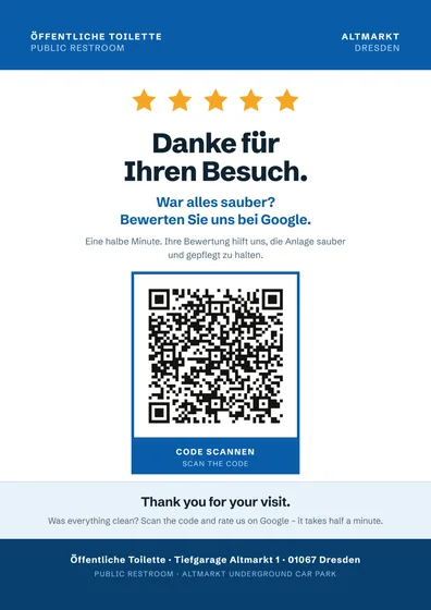 Aushang mit Sternen, Dankestext und QR-Code zur Google-Bewertung