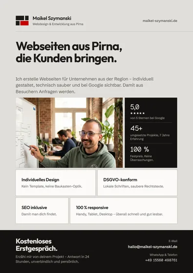 Flyer A5 mit Überschrift, Porträtfoto, Zahlenblock und Kontaktleiste