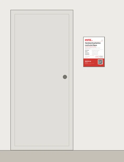 Skizze: Hauswand mit Tür und daneben montiertem A3-Schild