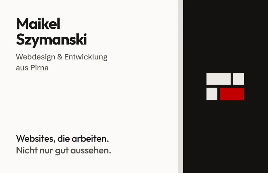 Visitenkarte von Maikel Szymanski: Name, Claim und Logo auf hellem Karton