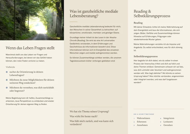 Innenseite des Wickelfalzflyers: Waldweg-Foto über der ersten Seite, zwei Textseiten mit Zwischenüberschriften und nummerierter Liste