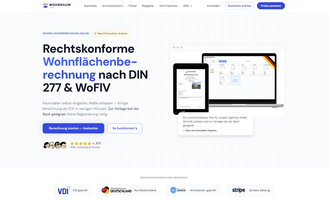 Screenshot der Website von Wohnraum Rechner