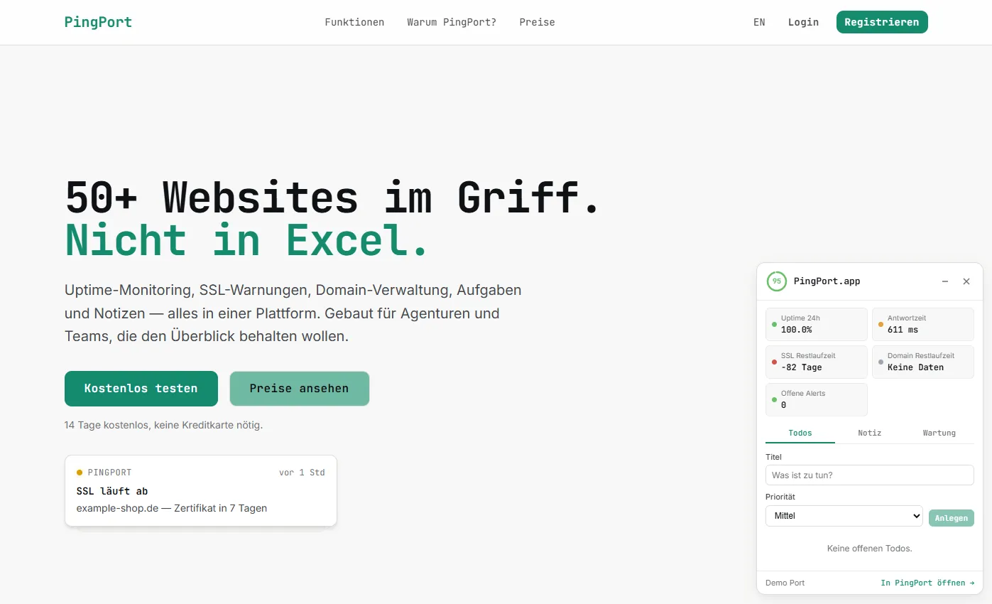 Screenshot der Webseite PingPort.app