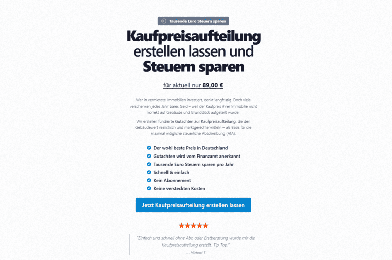 Screenshot der Webseite Kaufpreisaufteilung Online