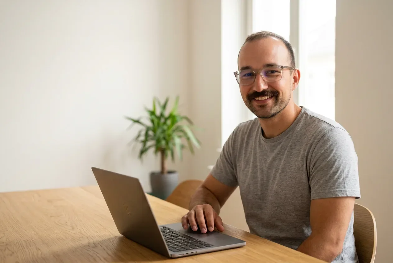 Maikel Szymanski im grauen T-Shirt am Holztisch mit Laptop, lächelt in die Kamera